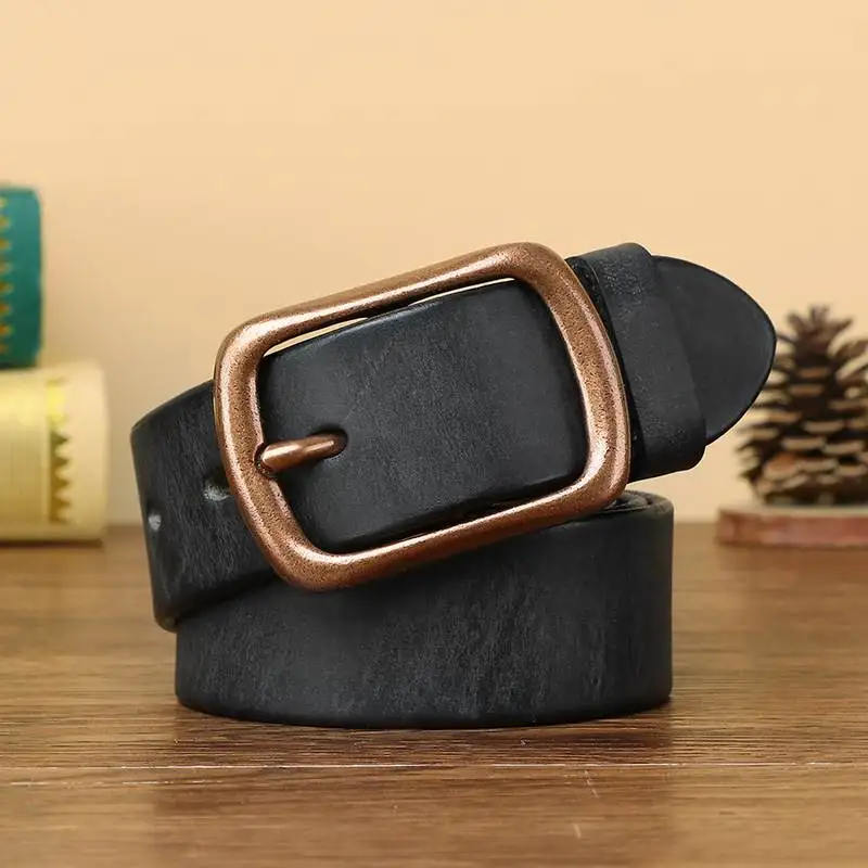 Belt men's leather pin buckle youth casual middle-aged belt men's tide first layer cowhide purple copper buckle retro handmade