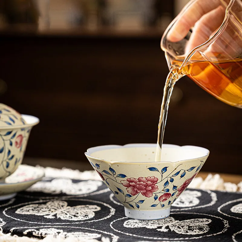 1 Pc Chinese Handmade Flower Pattern Tea Cup Vintage Ceramic Teacup Travel Personal Tea Bowl Household Teaware Accessories 140ml