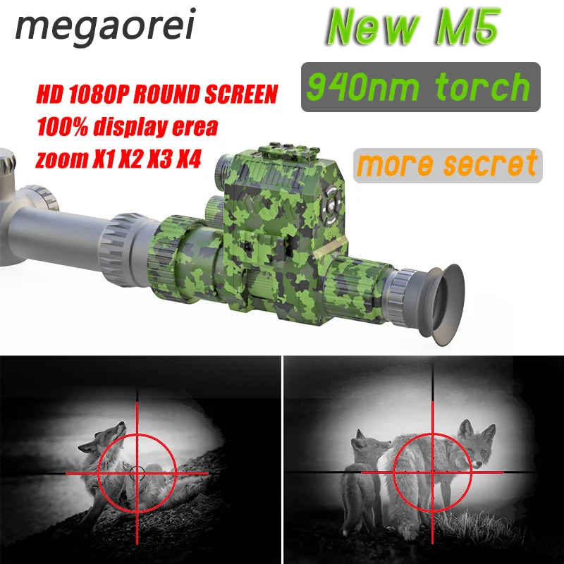 

Megaorei New M5 Hunting Night Vision Rifle Scope Optics Monocular Sight with 1080P Screen Built-in 940 IR Flashlight