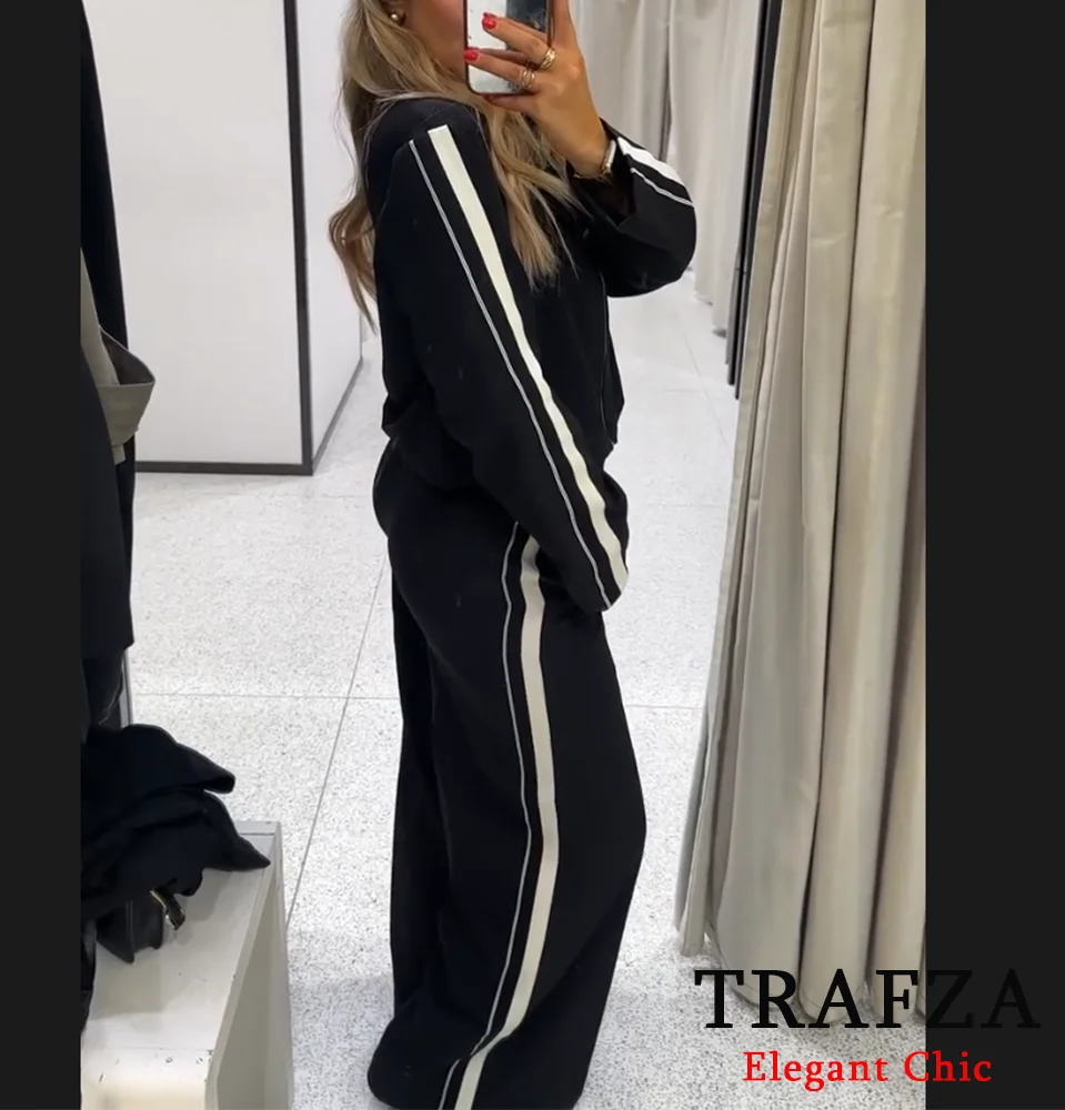 TRAFZA-Women Fashion Side Stripe Jacket Pant Set Zipper Jacket + Wide Leg Pant 2 Pieces Set New Spring Autumn Sports Style Suit