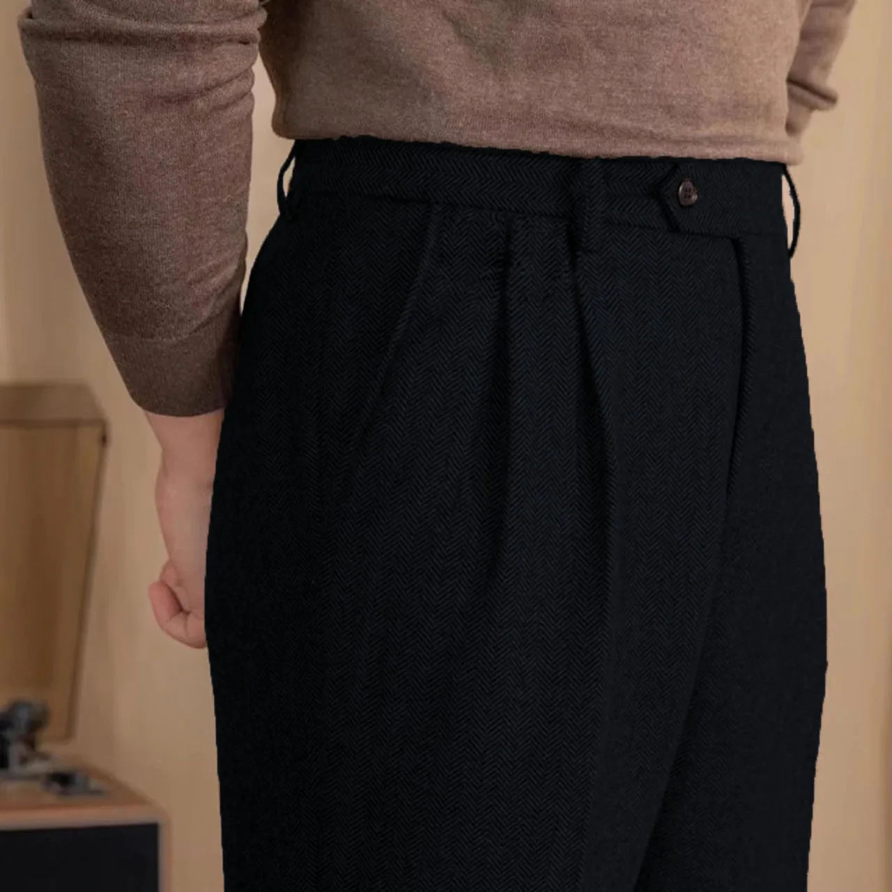 Italian Vintage Suit Pant For Men Autumn Winter Wool Herringbone Pattern Straight Trousers British Style Business Casual Pants