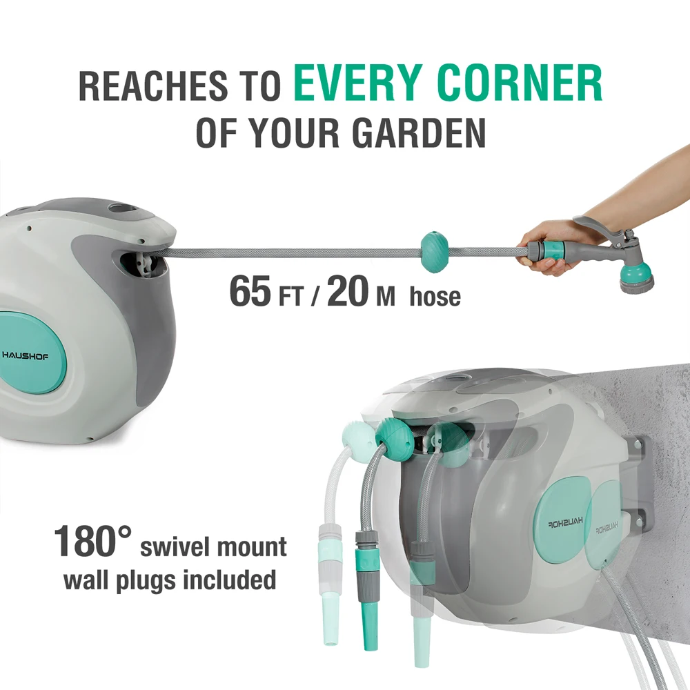 HAUSHOF Hose Reel Wall Mounted Retractable Garden Hose Reel with 20+2M Hose Locking Mechanism Roll-up Automatic 7 in 1 Spray Gun