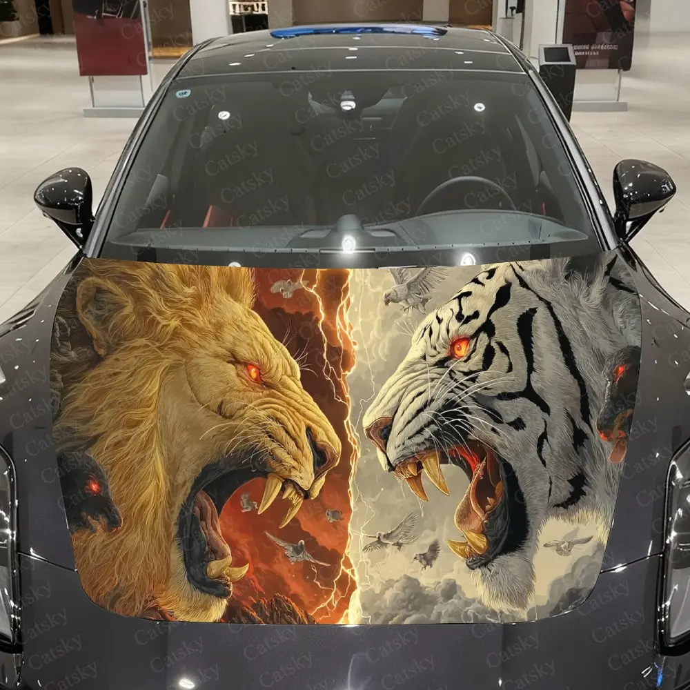 Ice-Fire Thunder Lion and Tiger Car Vinyl Wrap, PVC Material Waterproof Car Hood Sticker, Self-Adhesive Scratch-Resistant Sticke