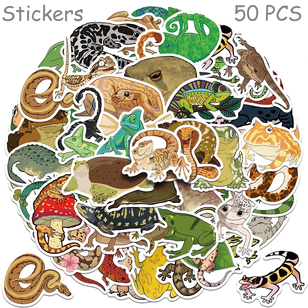 

50pcs Cartoon Cute Reptile Lizard Frog Snake Stickers Decals For Phone Laptop Skateboard Notebook Aesthetic Waterproof Stickers