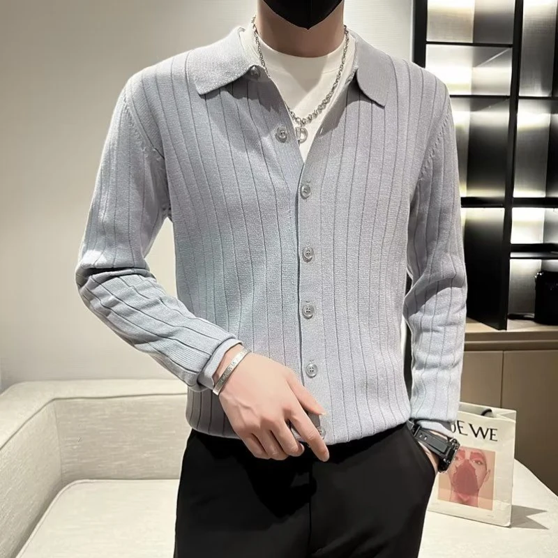 

Весенне-осенний новый мужской вязаный кардиган в корейском стиле с воротником-поло и пуговицами спереди, однотонное свободное повседневное модное пальто обычного кроя