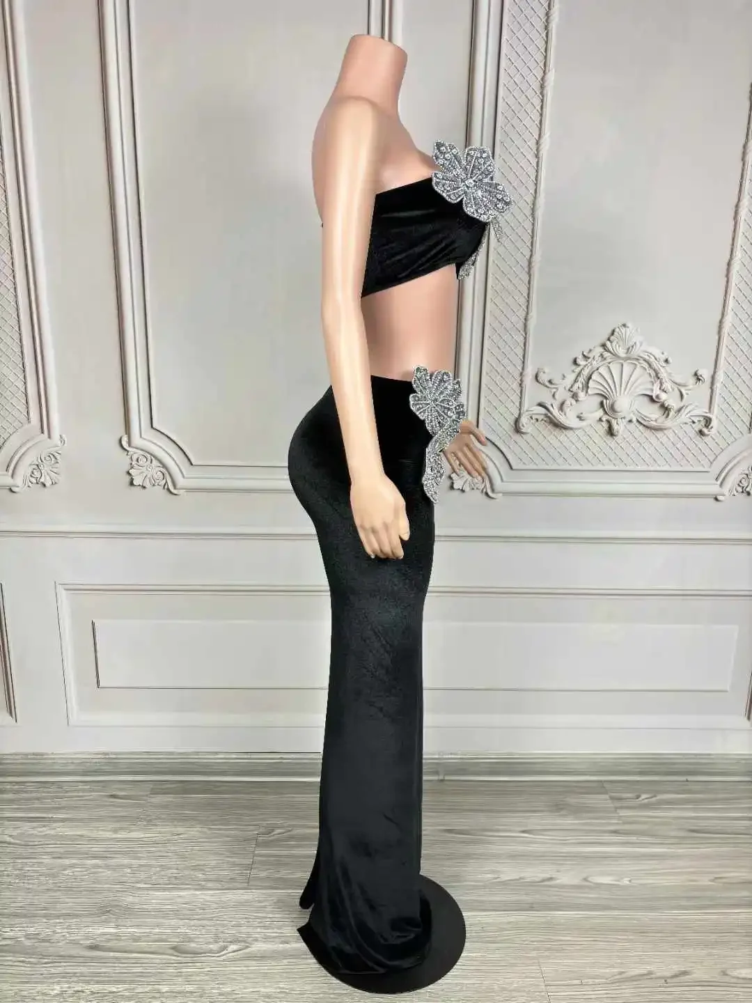 Ensemble haut et jupe en velours pour femmes, 2 pièces, strass scintillants, fleurs, soirée, fête d'anniversaire, habillée, vêtements de scène pour spectacle Las Vegas