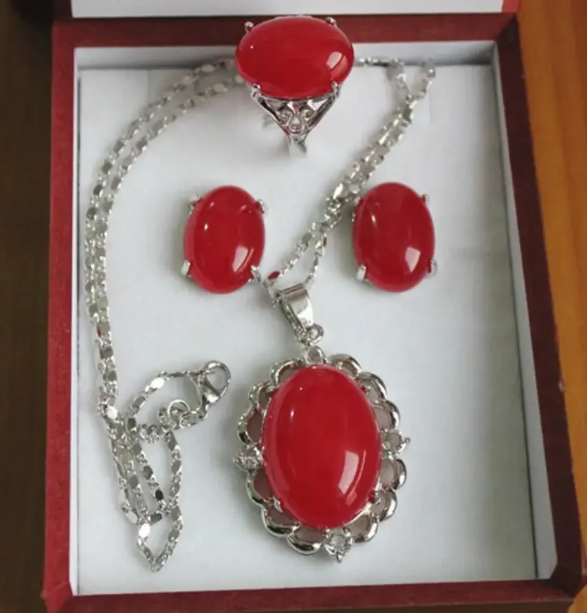 Wholesale 13*18mm silver plated red jadel ring, earrings &pendant fashion jewelry set