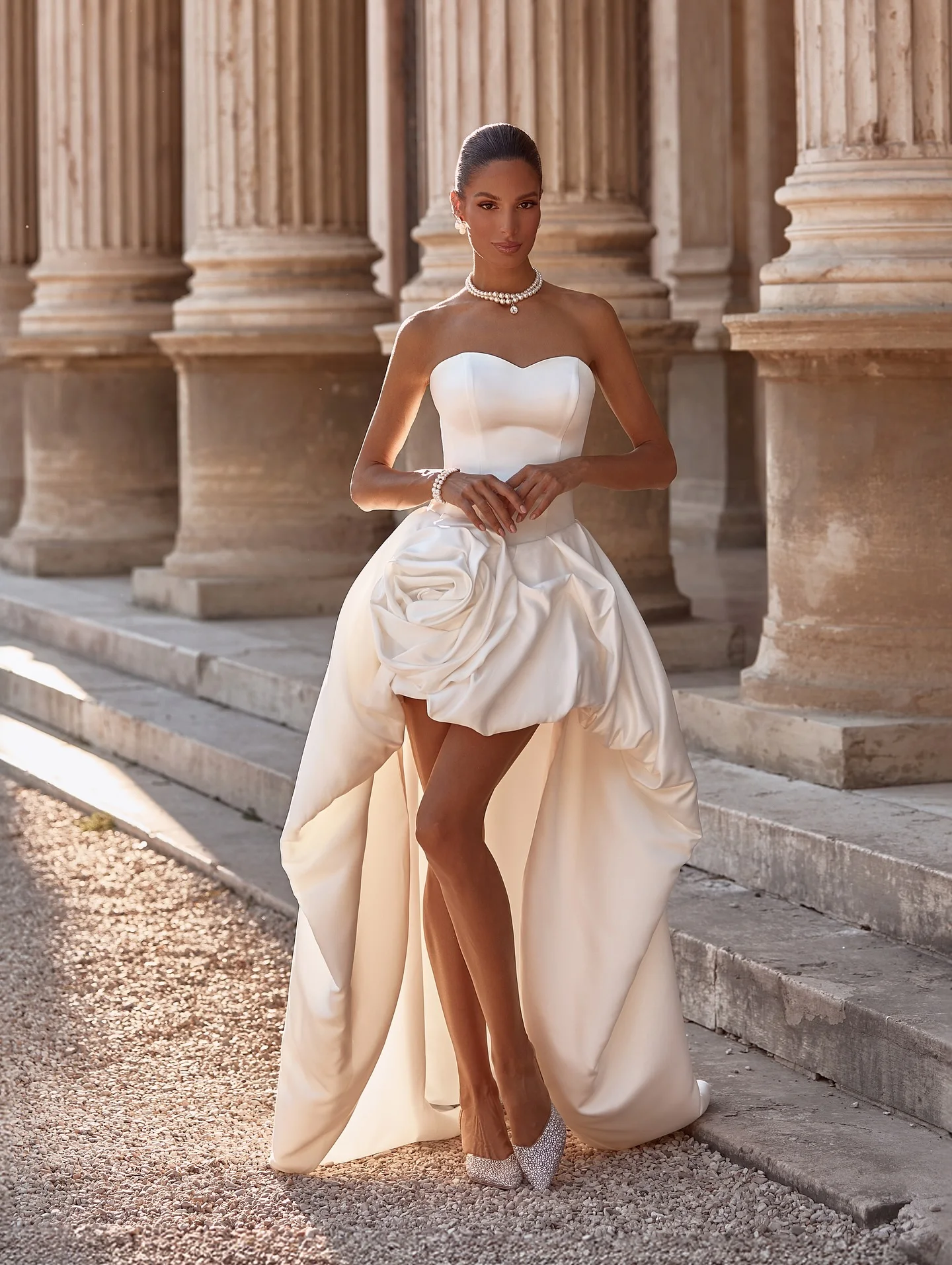 Tokyo 3D Rose Satin Strapless High Low Dress Elegant Modern High Low Hem Prom Dress Luxury Chic Ruched Detail Wedding Party Gown
