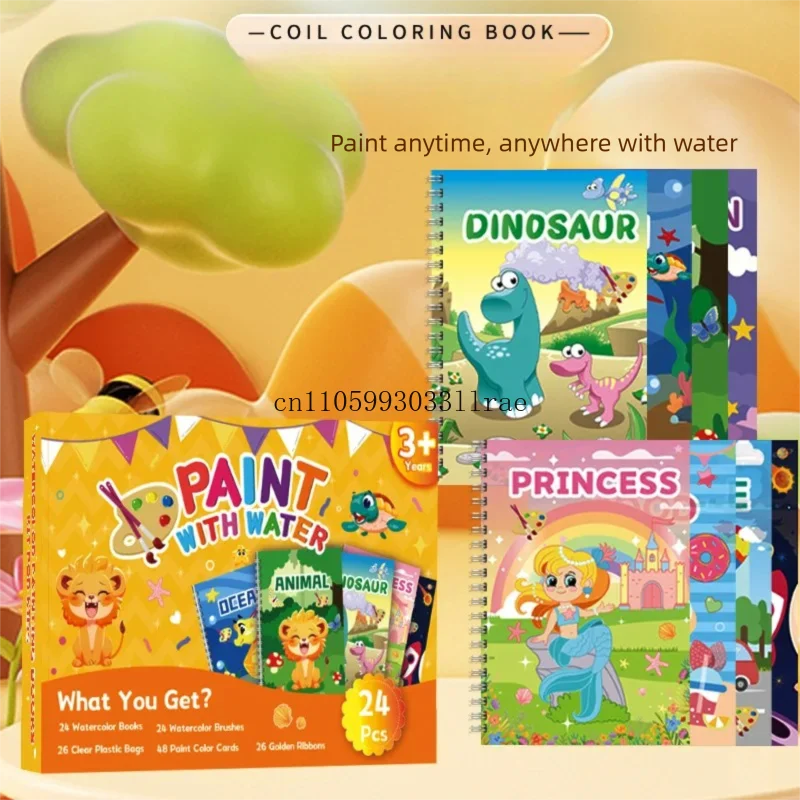 Childrens Watercolor Coloring Book with Pigments Animal Park Theme Water Drawing Book for Kids