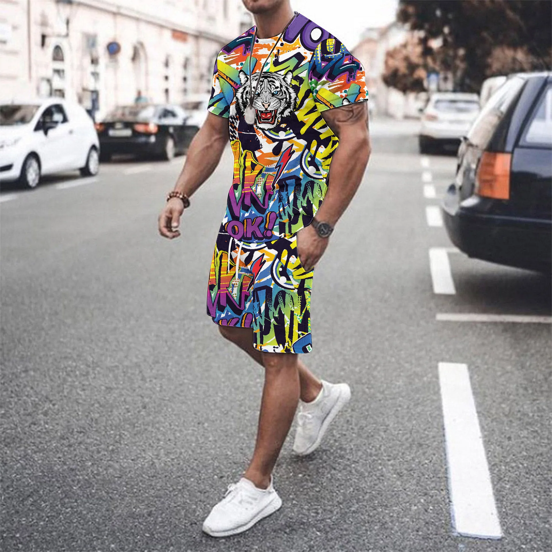 Summer 3D Graffiti Printed Men T-Shirt Shorts Set Tracksuit Male 2 Pieces Fashion Outfit Man Casual Jogging Suit Clothing