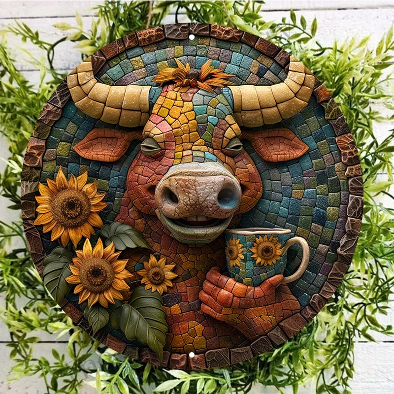 

Artistic Rust-Proof Aluminum Round Metal Sign with Cattle Design, Wall Decor, HD Printing, Indoor and Outdoor