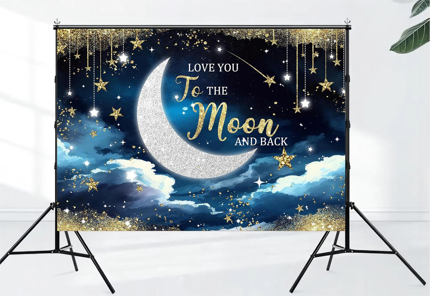 Over The Moon Baby shower background Bohemian blue watercolor sparkling stars golden dots celestial moon party decoration