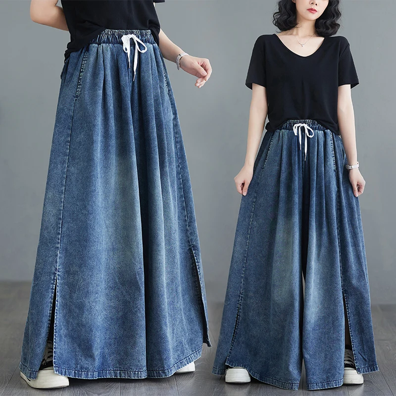 

High Waist Wide Leg Cotton Denim Pants for Women Casual Split Straight Cut Trousers Comfortable plus Size Summer Jeans