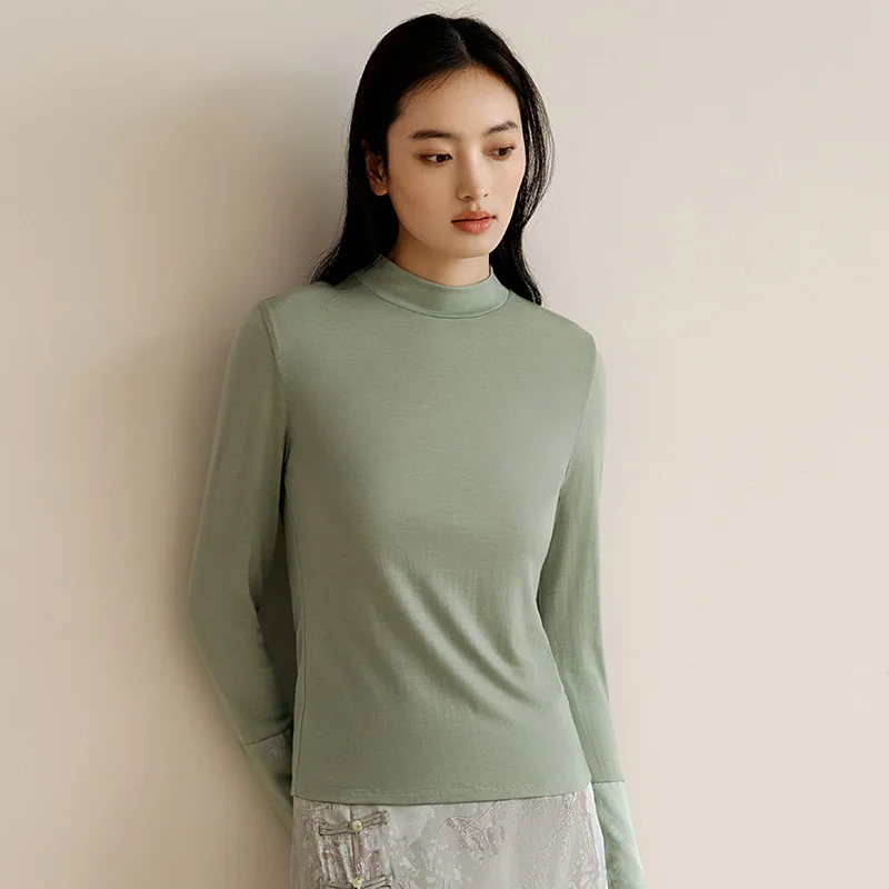 BirdTree, 83%Sheep Wool 17%Mulberry Silk Warm T-shirt, Women Mock Neck Solid, Basics Bottom Tops, 2024 Autumn Winter P487115QC