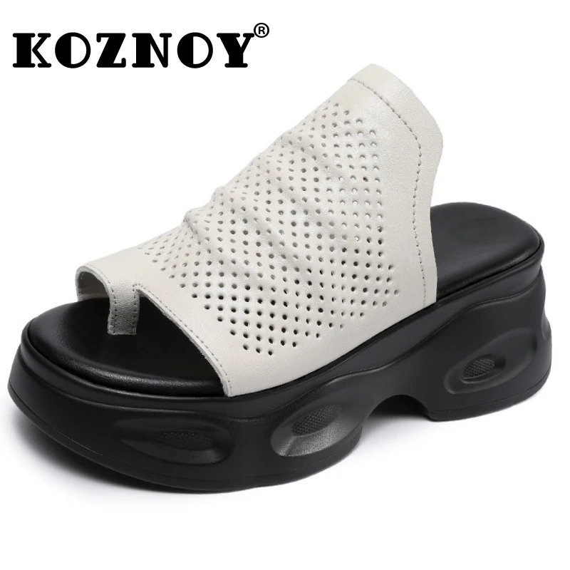

Koznoy 6.5cm Cow Genuine Leather Peep Toe Shoes Ankle Booties Women Sandal Flats Hollow Flats Hook Summer Fashion Platform Wedge
