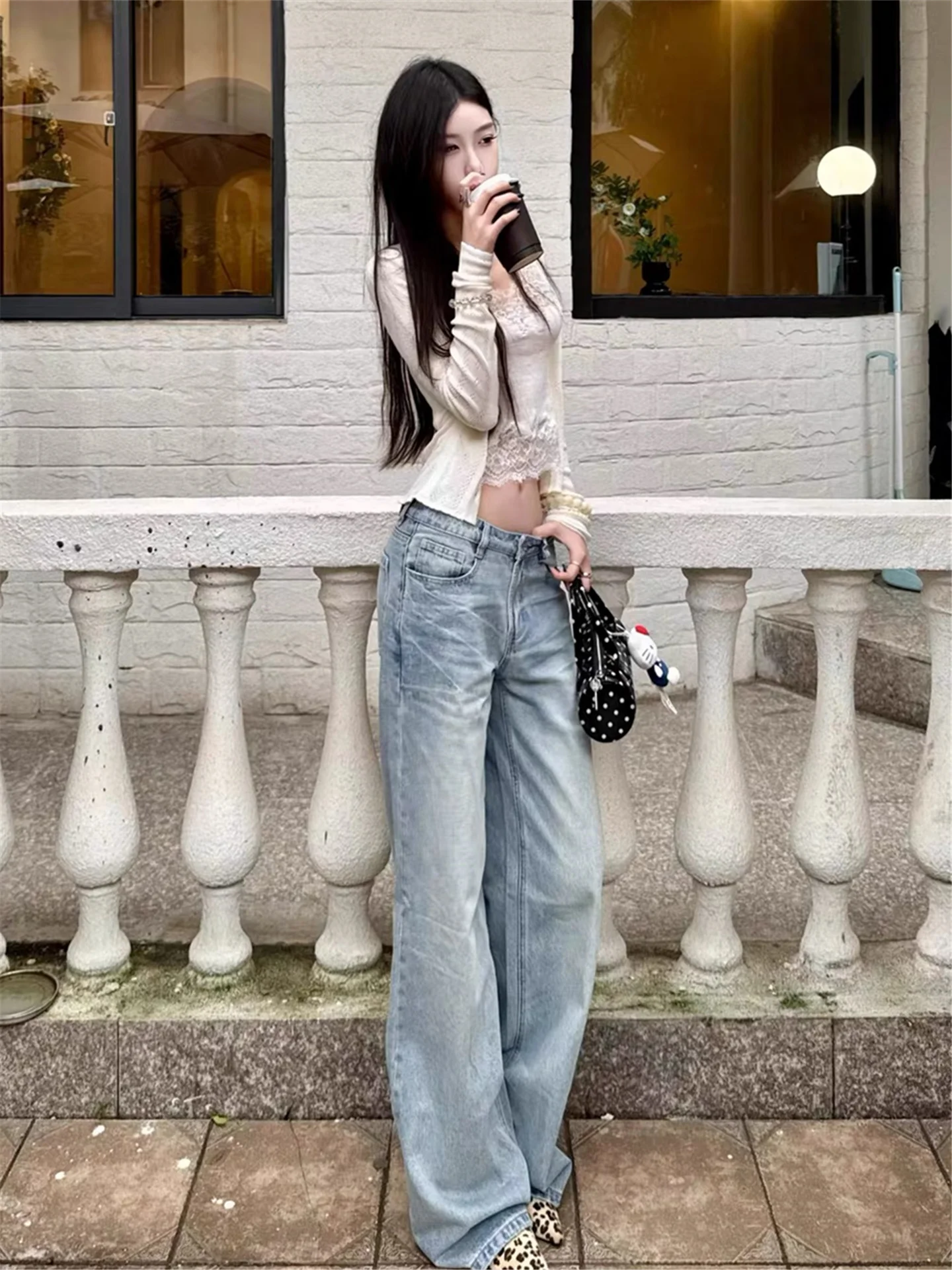 Retro American Street Style Loose Wide Leg Blue Jeans Women's Spring Straight Long Slimming High Waist Denim Pants