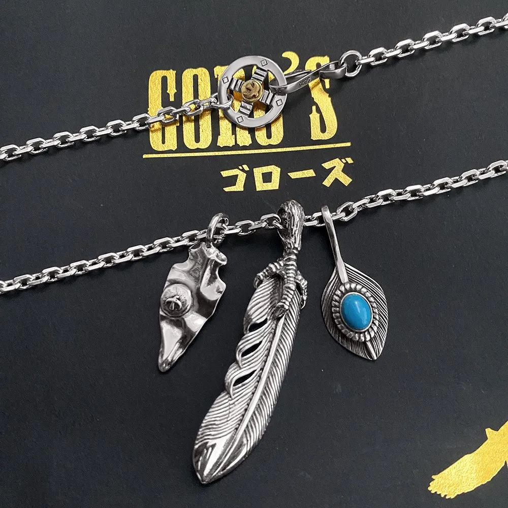 25SS new top quality goro's vintage thai silver chicken claw feathers dead leaves leaves with turquoise couple necklace