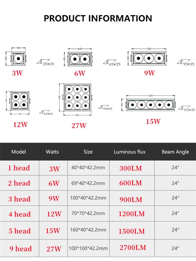 Dimmable Recessed ceiling downlight 3W 6W 9W 12W 15W 27W Housing Fittings LED Square Linear Wall Washer Spot Light 110V 220V