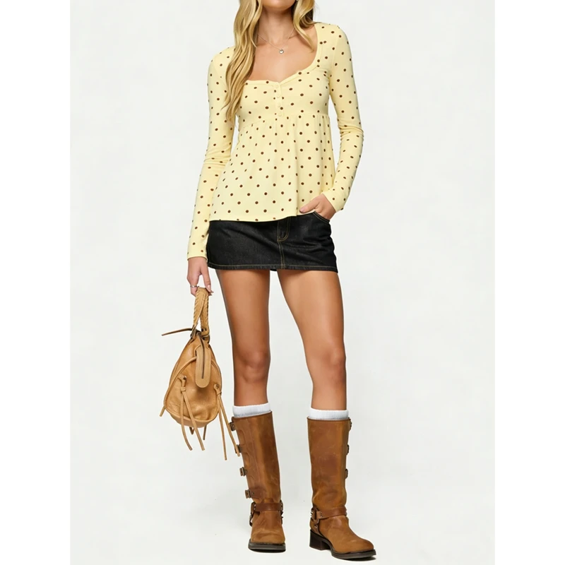 Square Neck Babydoll Tops for Women Long Sleeve Y2k Button Baby Doll Henley Shirt Polka Dot Print Peplum Flowy Blouse