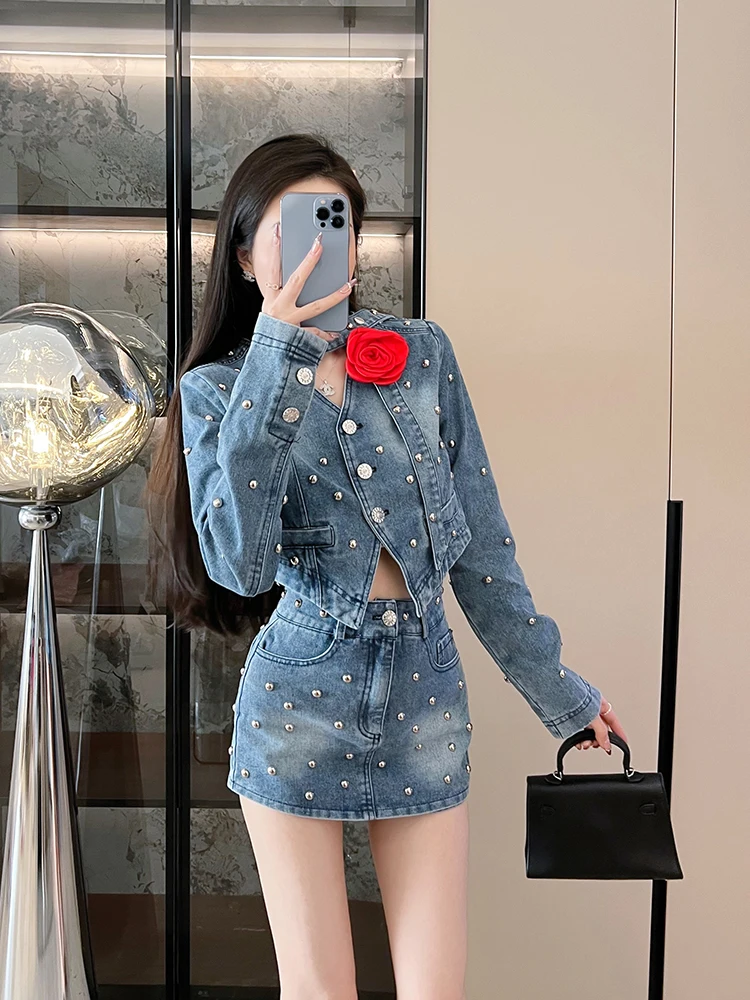

Rose 2026 Spring Autumn Spicy Girl Flower Lemonade Denim Short Jacket Short Skirt Two Piece Set Stylish Ensemble V Neck Long ...