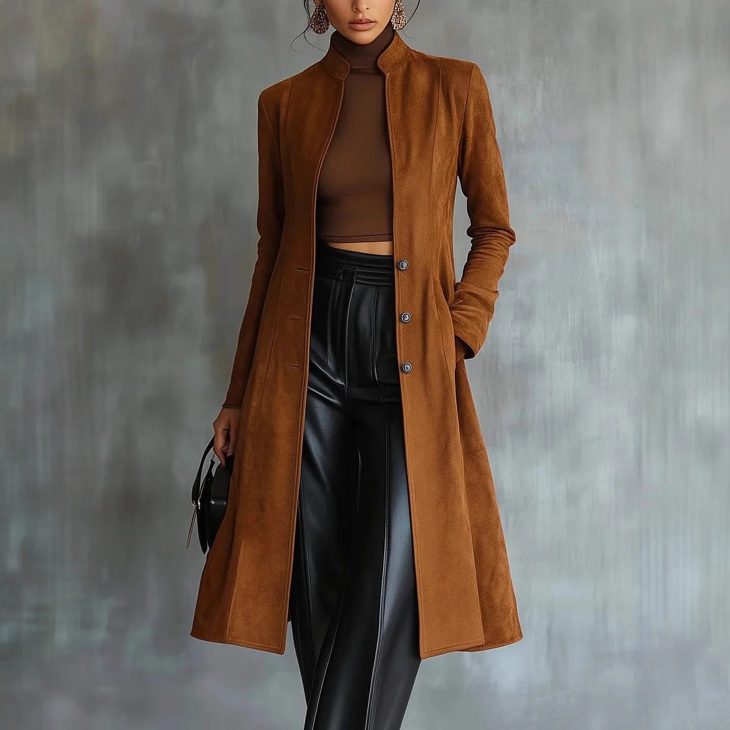

European American Long Suede Coat Women Single-breasted Full Sleeve Stand-up Collar 2025 Autumn Winter Streetwear Outwears
