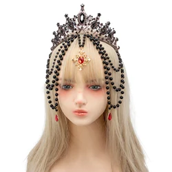 Lolita Gorgeous Vintage Mary Baroque Tiara Black Bead Chain Goddess Sun Bride KC Crown Halloween Cosplay Headwear