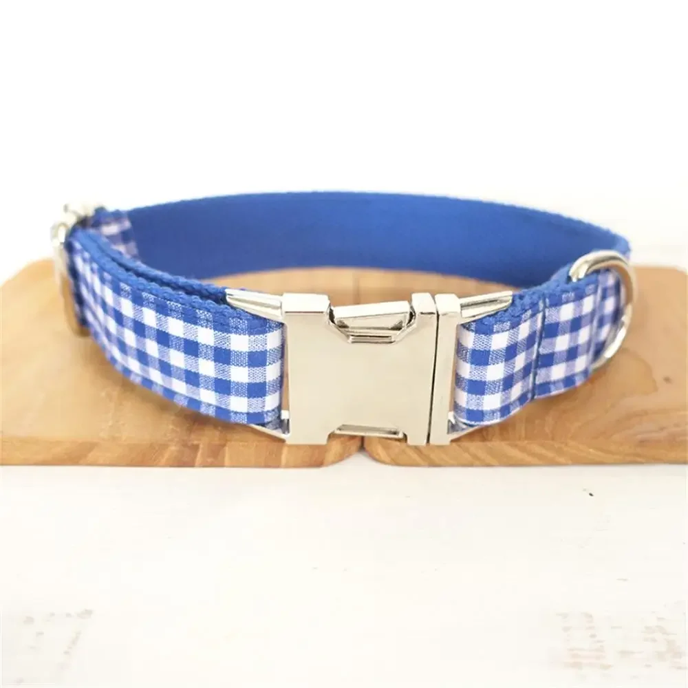 Personalized Dog Collar Customized Engraving Pet Collars ID Nameplate Tag Pet Accessory Blue White Plaid Puppy Collars Leash