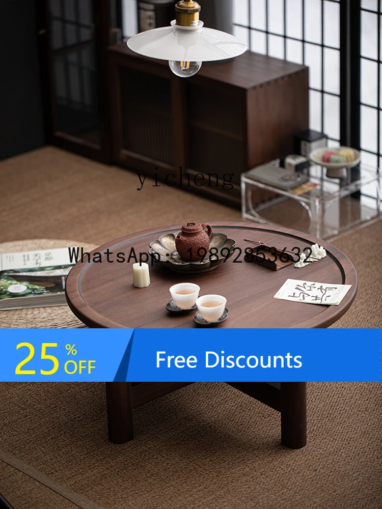 LYY Walnut round Small Table Tatami Kang Table Low  Small Coffee Table Solid Wood Portable
