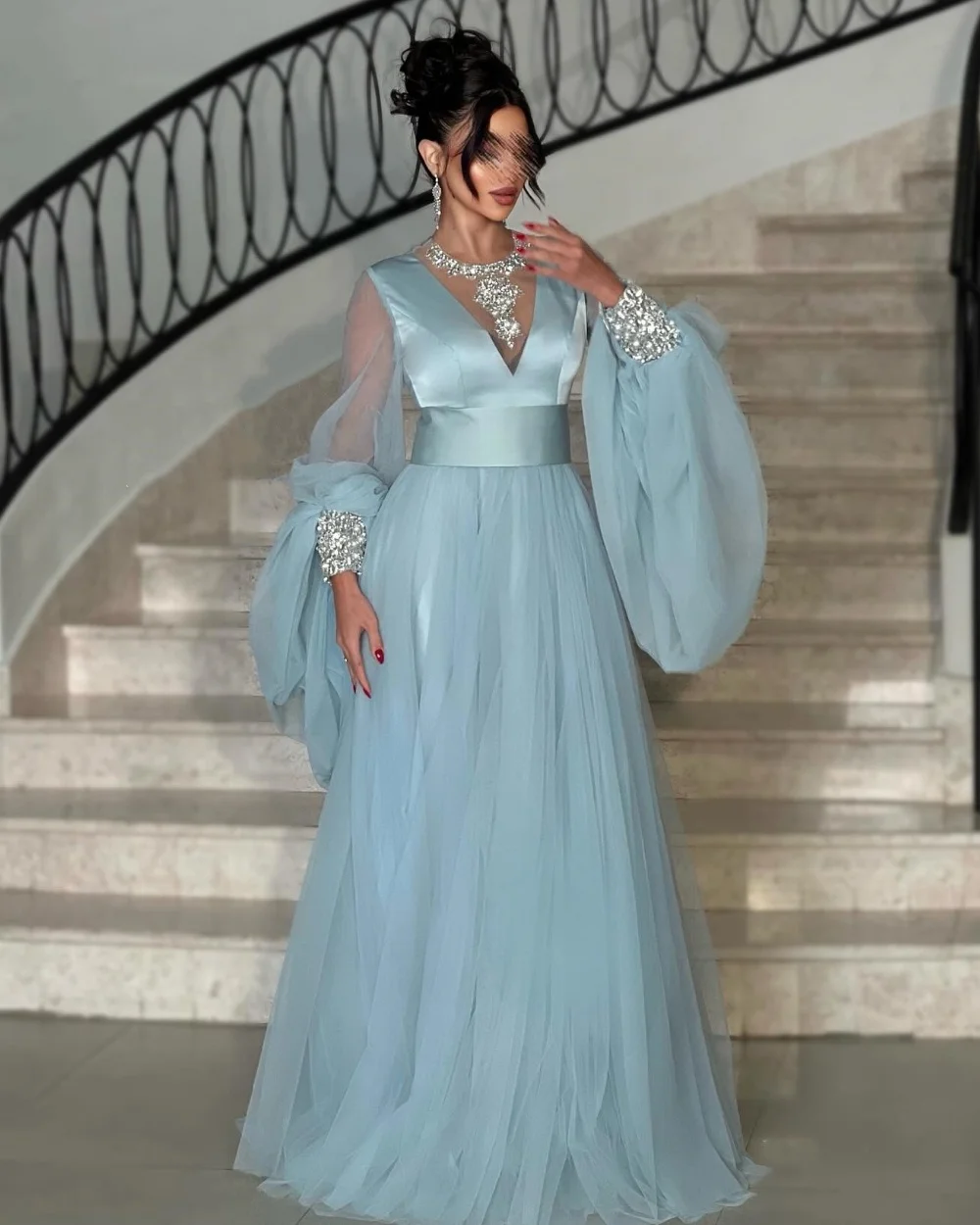 

Customized Intricate Pastrol Tulle Beading Sequined Sash A-line Scoop Neck Long Dresses Bespoke Occasion Dresses Sizes Available