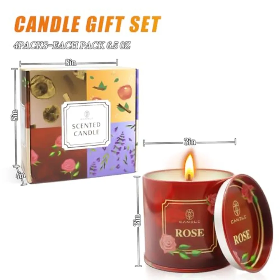 Scented Candles Gift for Women 4 Pack Natural Soy Wax Candles Long Lasting Rose Lavender Sandalwood Apple Cinnamon Fragrance Id