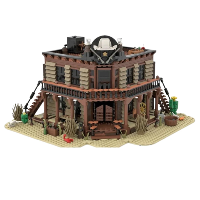 Spot MOC- 148787   Kleine deeltjes geassembleerde bouwstenen Westerse architectuur Bar Houten huis Model Puzzel Speelgoedornament