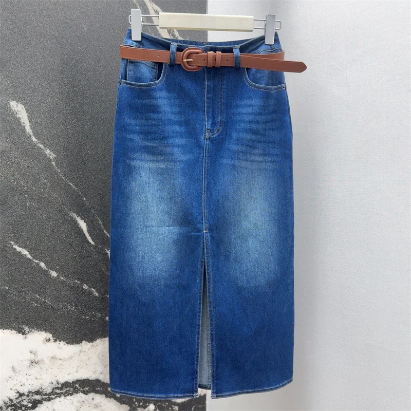 

Women's skirt New retro pure cotton long skirt for autumn 2025 High waisted slim women's half skirt Belt decoration denim skirt