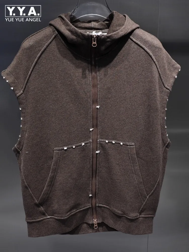 

Fashion Mens Autumn Loose Fit Hole Ripped Hooded Vest Sleeveless Jacket Zipper Hip Hop Man Casual Outwear Streetwear Waistcoat