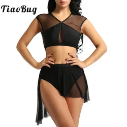 Women Ballet Dress Backless Asymmetrical Mesh Splice Crop Top with Leotard Skirt Dancewear Set Contemporary Lyrical Dance Dress