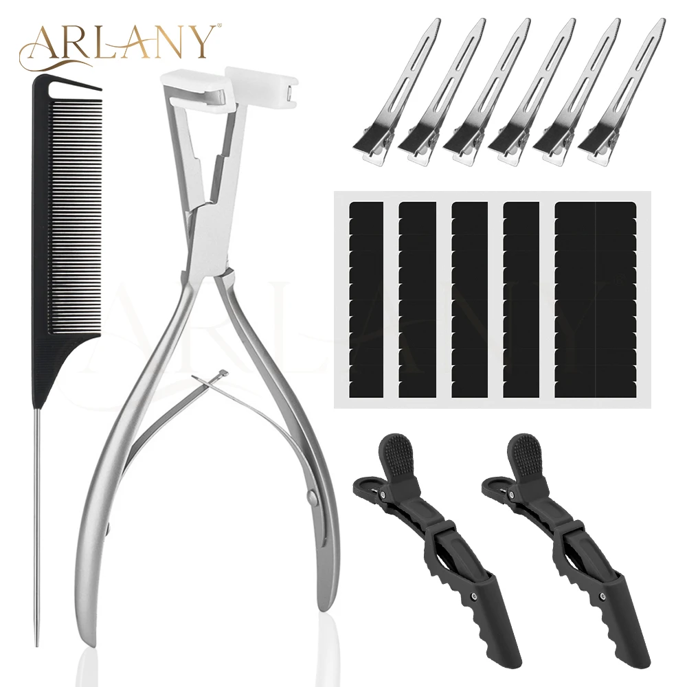 ARLANY Tape In Hair Extension Tool Kit Hair Sealing Pliers 60Tabs Double Sided Tape for Tape In Extensions Matte Alligator Clips
