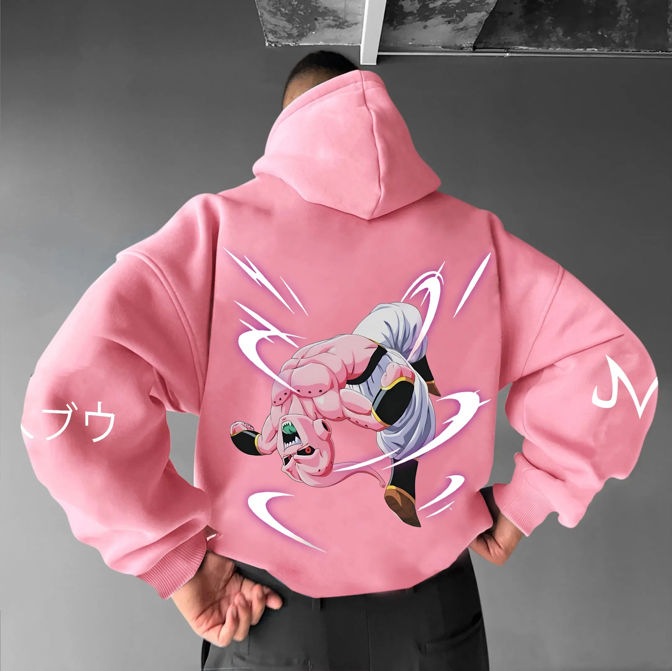 

Dragon Ball Pink Hoodie Men Women 2025 Spring Cotton Sweatshirt Majin Buu Upside Down Pose Dynamic Motion Lines White Japanese