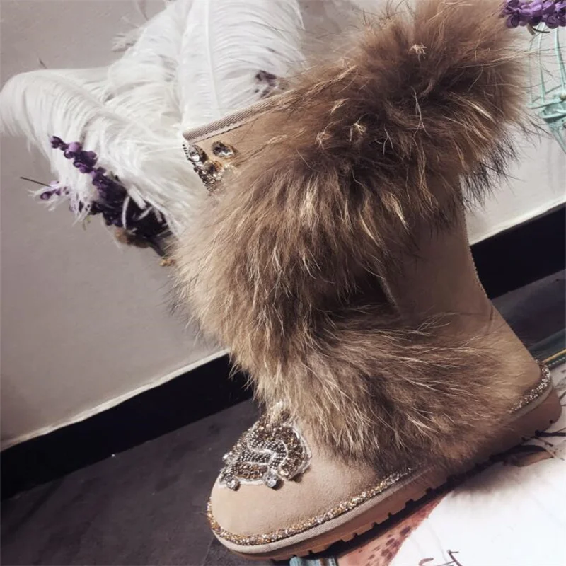 Vintage beaded hand-made fur one-piece boots Rhinestone Brown Winter plus fleece warm fox hair boots Women\'s plus size 35-44