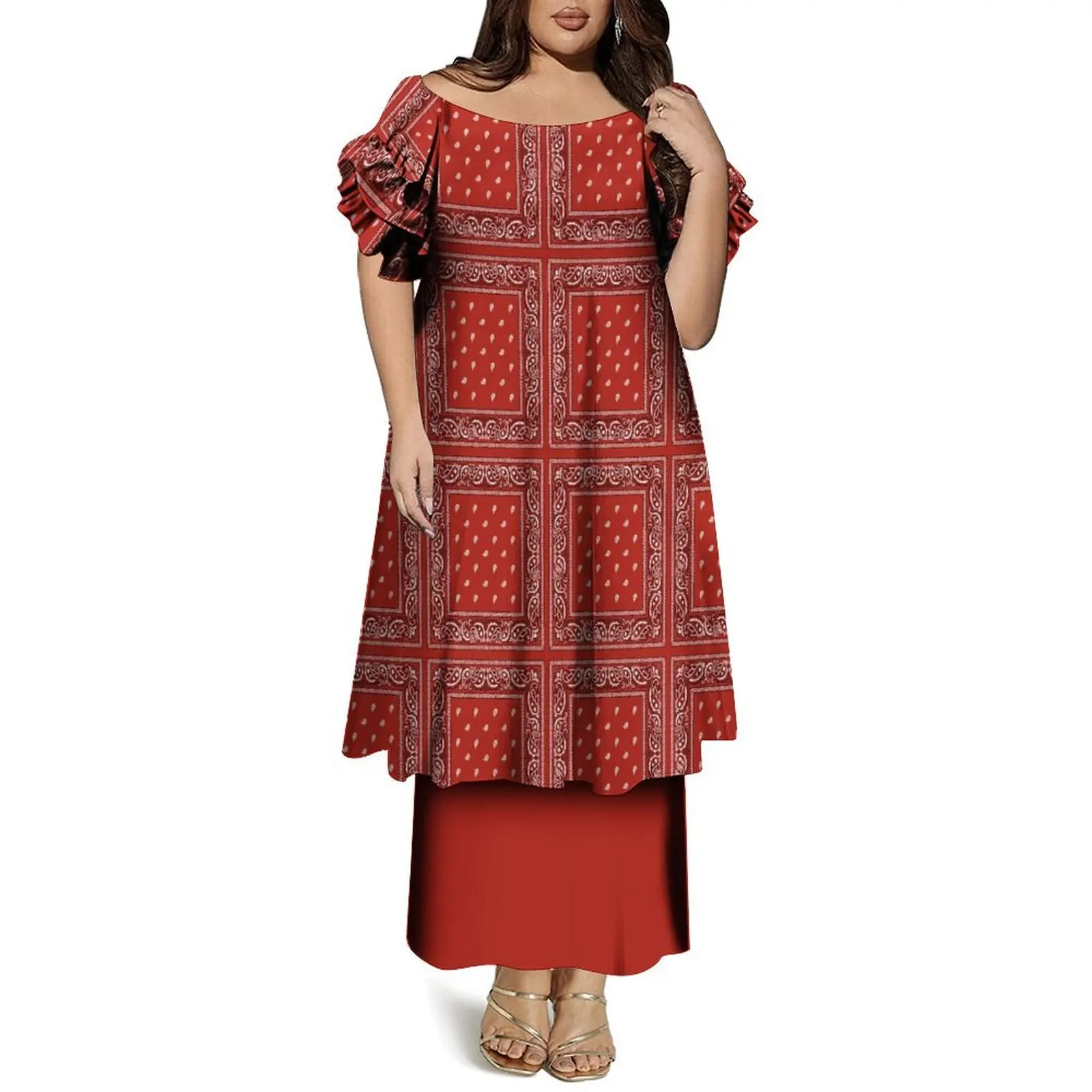 Tax Included High Quality Custom bandana Long Dress Large Size Women off the Shoulder Casual Clothes Short Sleeve Dress 2 Piece