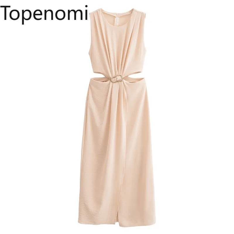 Topenomi Sleeveless Party Dress Women French Fashion Metal Button Hollow Out Waist Slim A Line Long Dresses Elegant Evening Robe