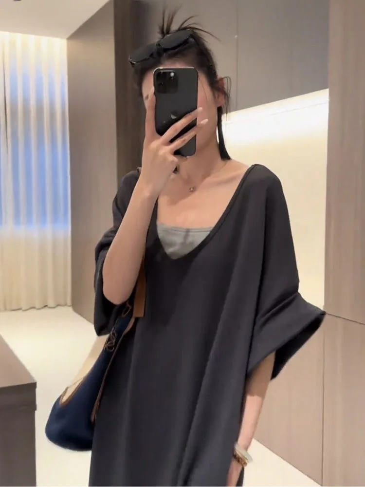 Grande taille 300 Pou paresseux Sle longue au-dessus du genou femmes Dr été viande ample couvrant minceur t-shirt style décontracté Dr