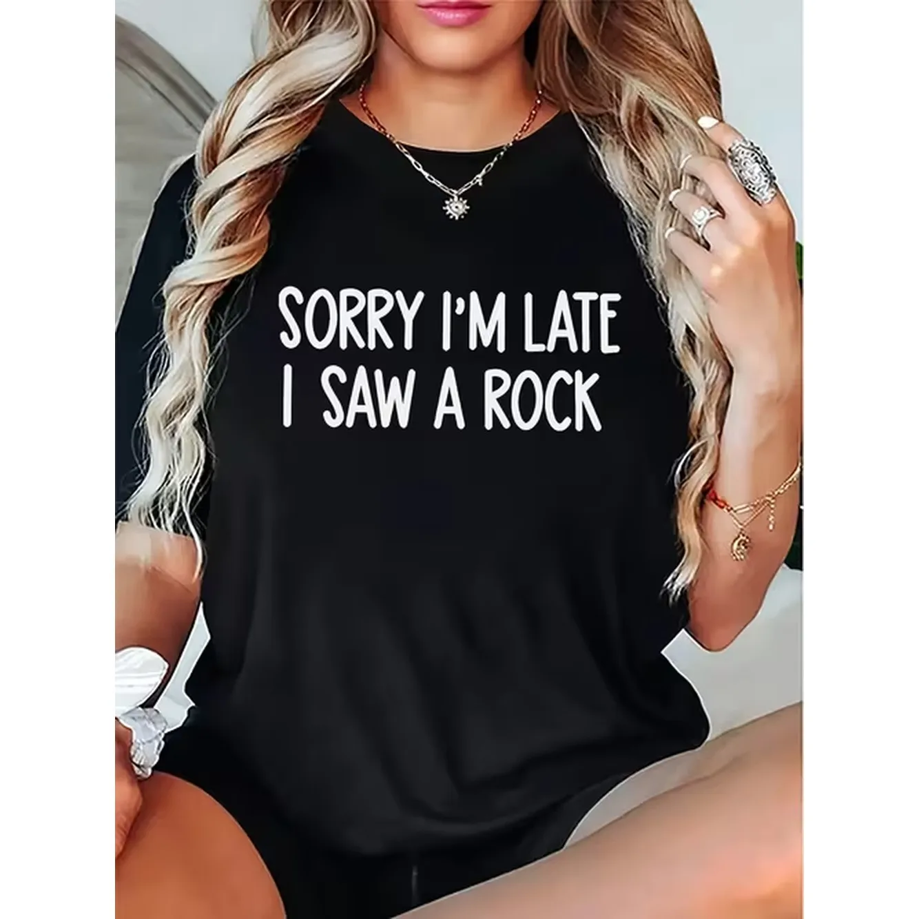 Sorry Im Late I Saw A For Rock Womens Funny Graphic Tee Trendy Casual Short Sleeve T Shirt For Rock Lovers Same Style For Men And Women 2025 Summer Pure 220G Crew Neck Regular Fit Vintage Style