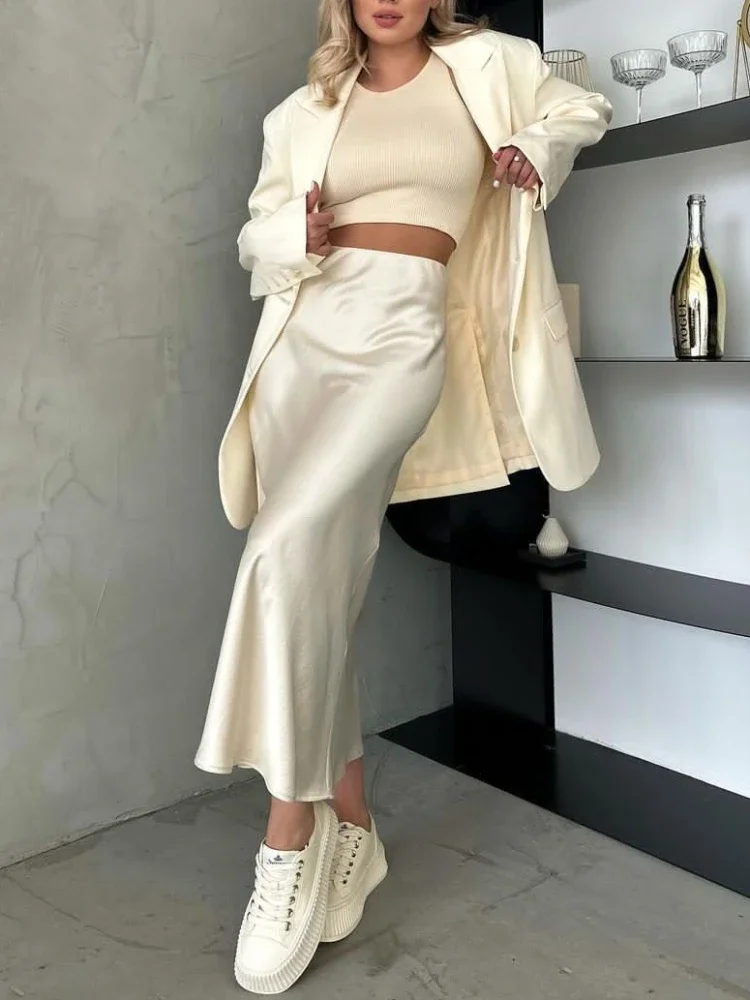 Elegant High Waist Fishtail Skirt Classic Black Acetic Satin Slim Fit Long Skirt with Fashion Elastic Waist for Women Summer