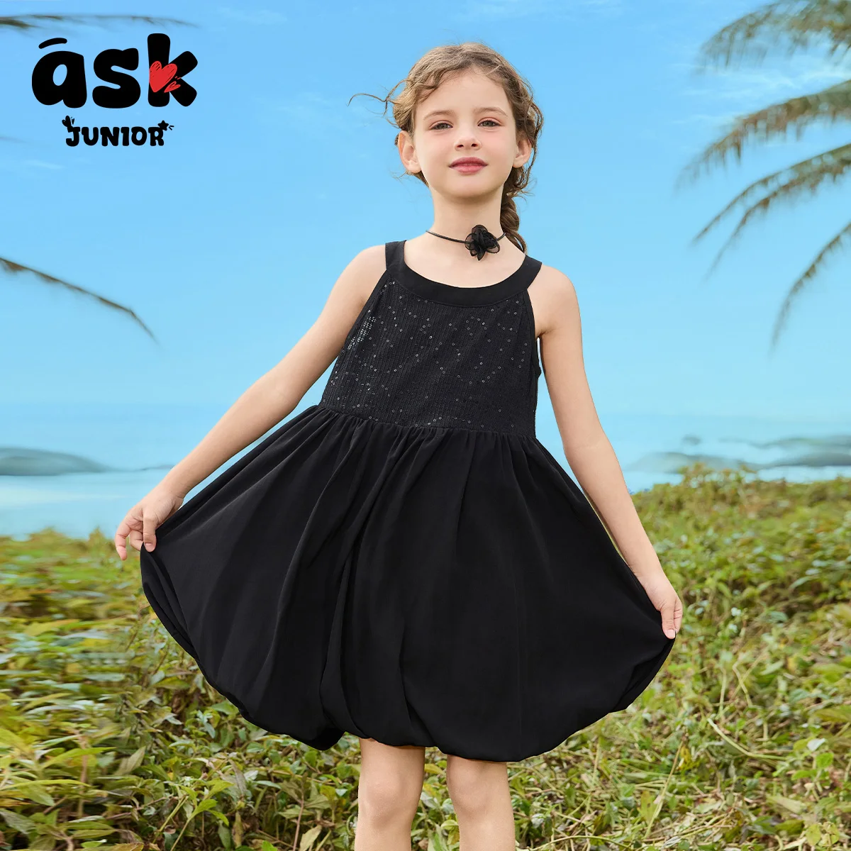 الاطفال الصيف الفتيات الترتر الأسود الزخرفية حمالة برعم اللباس #6