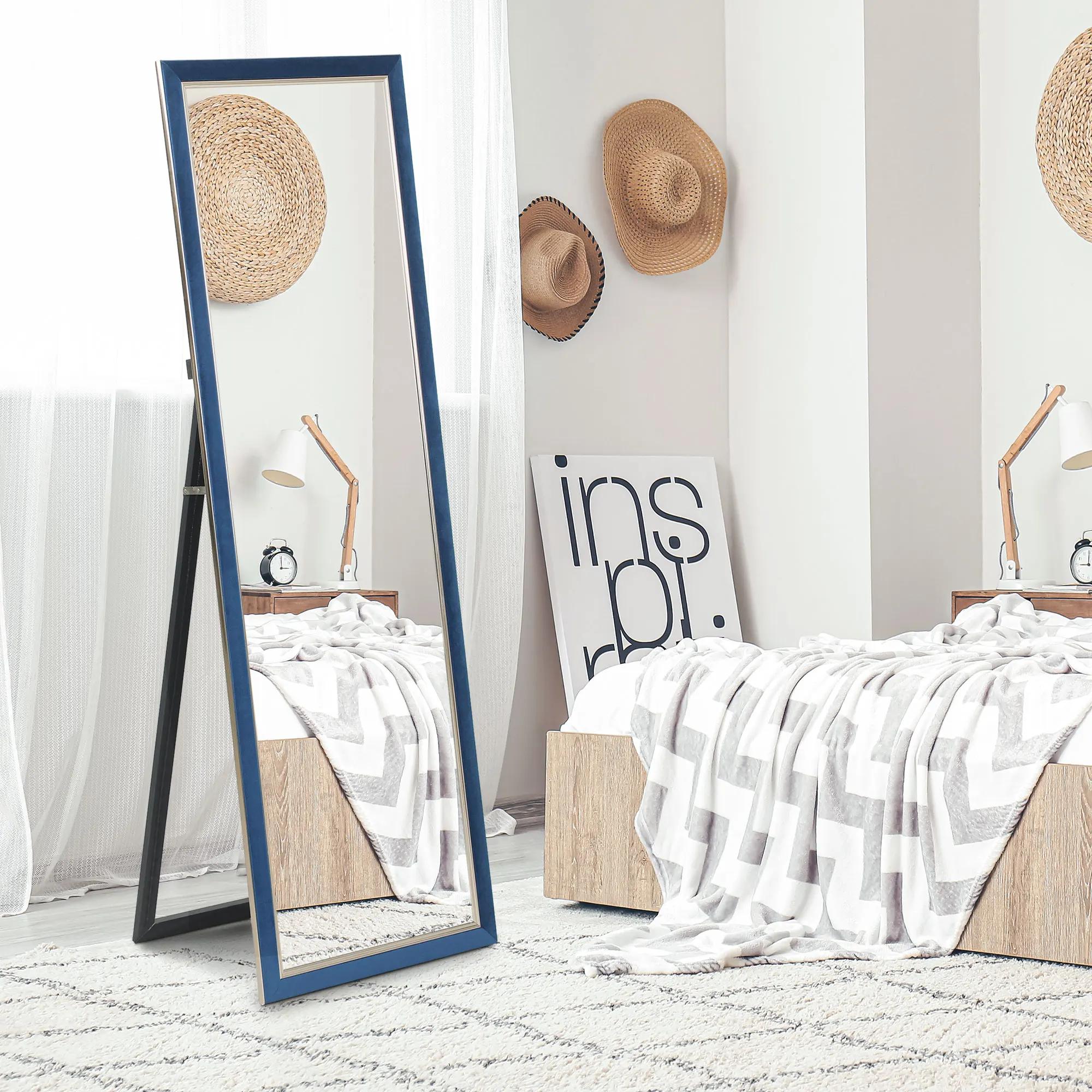 Homcom spiegel over de volledige lengte 150X50 cm met blauw fluwelen frame