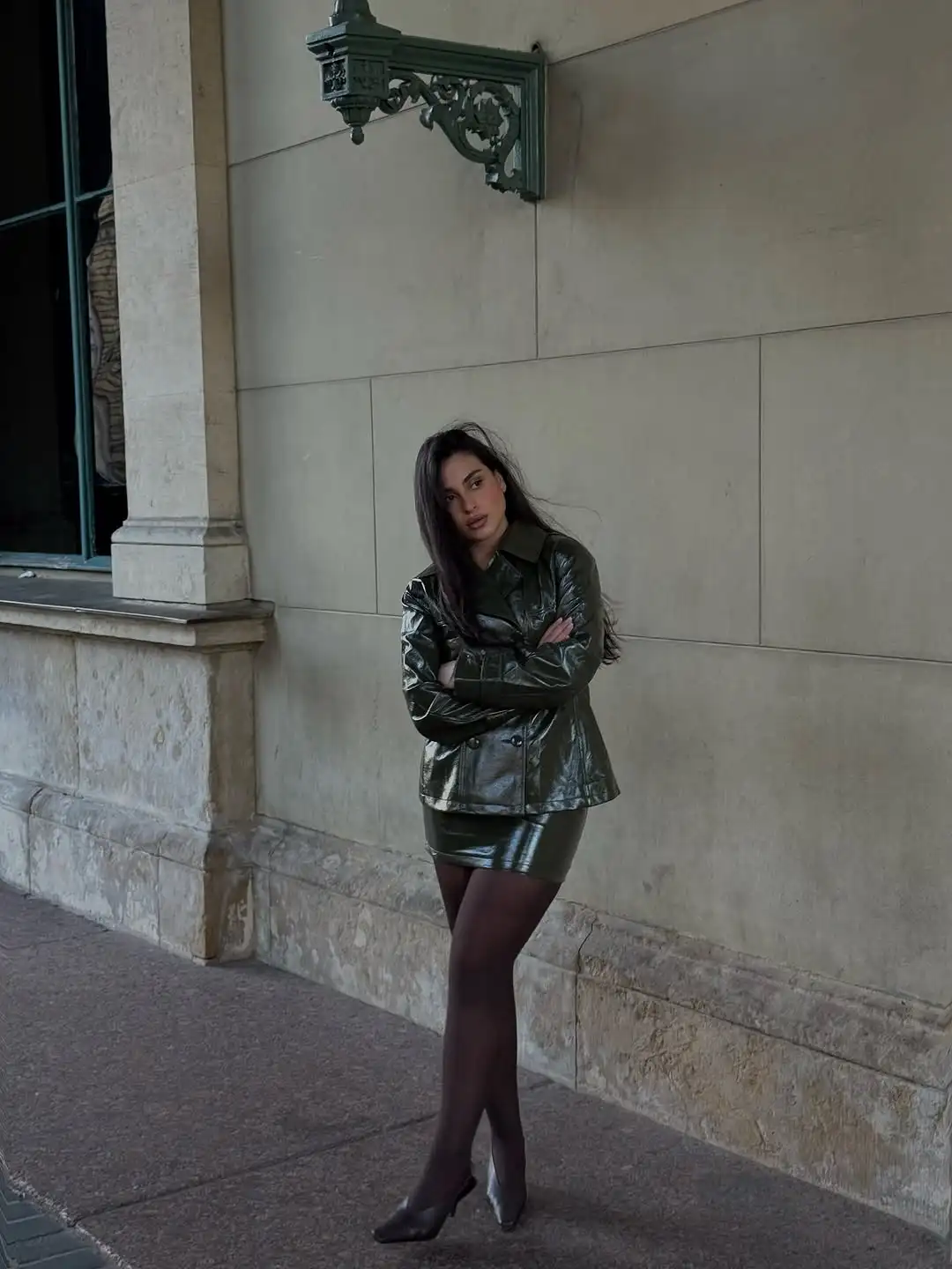 Dark Brown Patent Leather Skirt Double Breasted Leather Jacket +mini Skirt Matching Retro Street Style Matching Women's Clothing