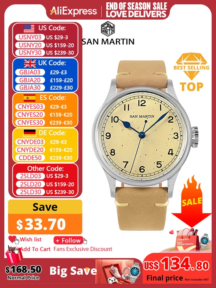 San Martin 38.5mm Men's Mechanical Watch NH35 Vintage Pilot Simple Fashion Wristwatch Baked Varnish Blue Hands 10 Bar Clock