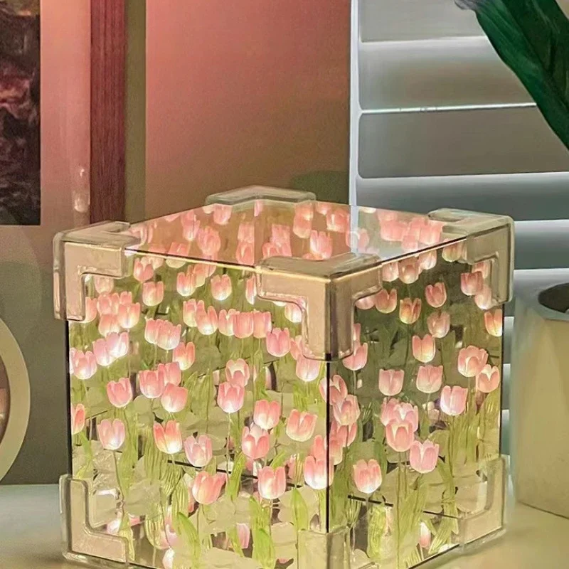 Creative Diy Tulip Flower Sea Cube Three-Dimensional Small Night Lamp Material Package for Girlfriend Couple Girlfriend