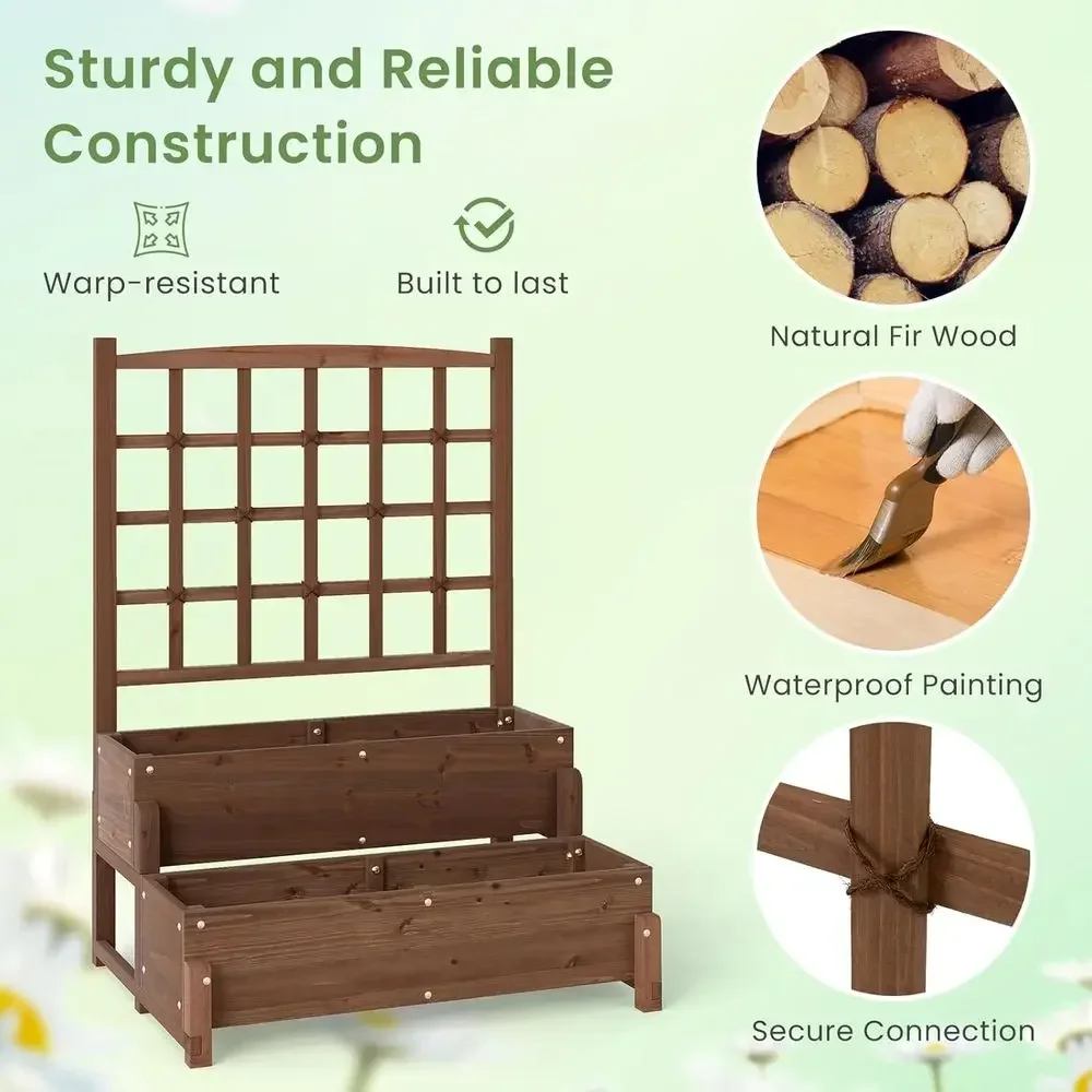 Elevated 2-Tier Garden Planter Box with Lattice, Legs, Drainage, Ideal for Patio and Balcony Vegetables and Climbing Plants