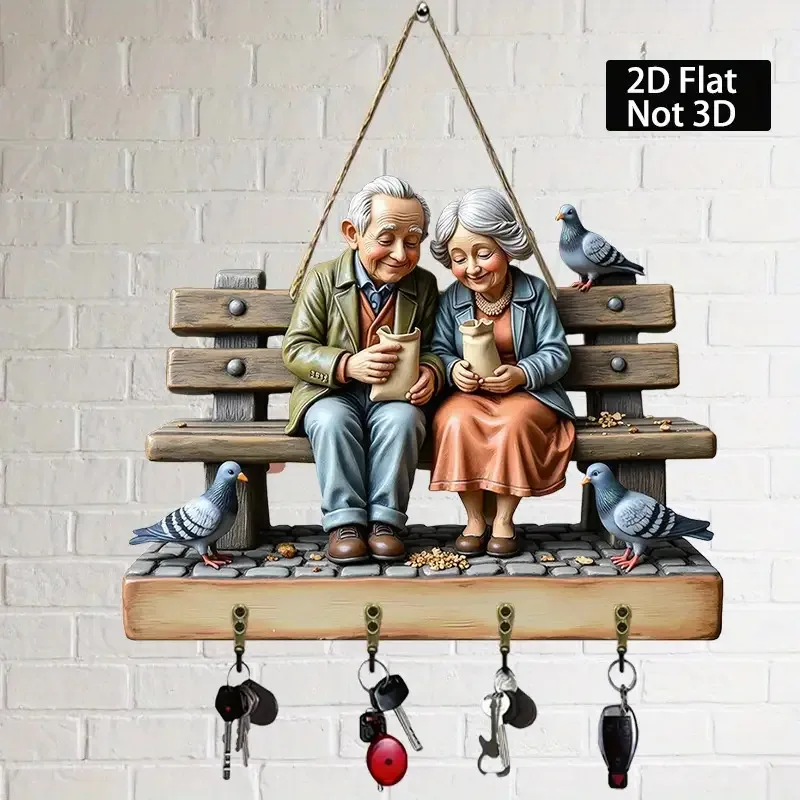 2D Flat, 2D Flat Wall-Mounted Key Holder with Wooden Scene - Elderly Couple and Pigeon Design, 4 Metal Hooks, 11.81