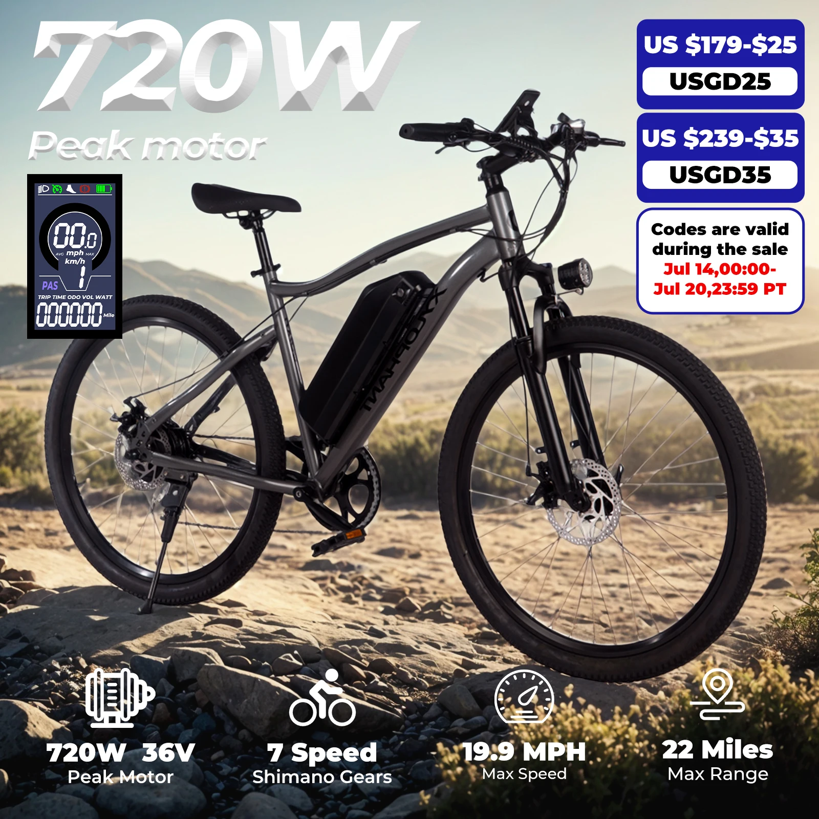

Adult electric bicycle, 26 inch electric mountain bike with detachable battery, 720W peak 36V motor, 7-speed 20MPH Ebike